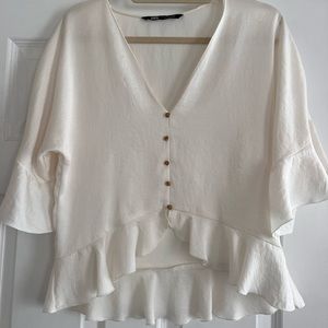 ZARA White Cropped Sleeve Button Blouse